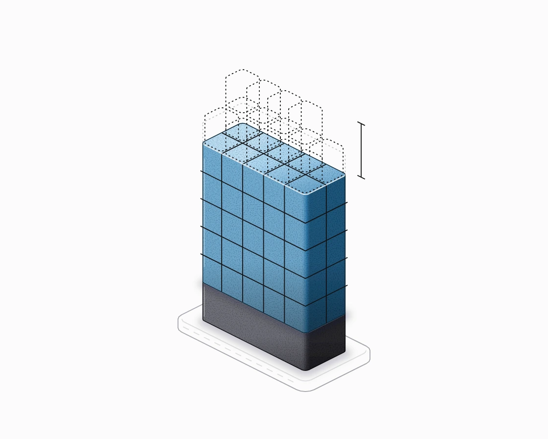 A GPU's memory as a column: weights at the bottom, a pool of request slots, and dashed slots that do not fit above it.