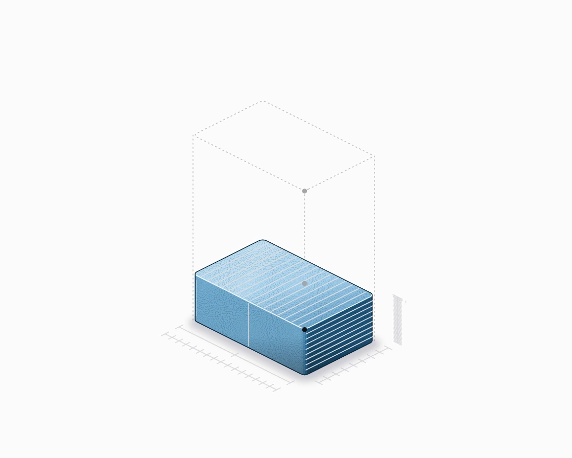 A block measured by dimension lines, squashed to a quarter of its height under a dashed outline of its full size.
