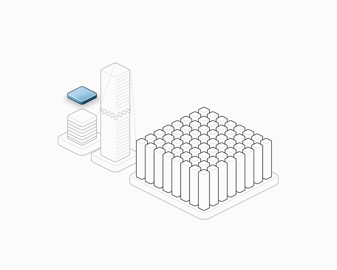 A stack of thin slabs, one tall column of them, and a grid of sixty-four such columns, left to right.