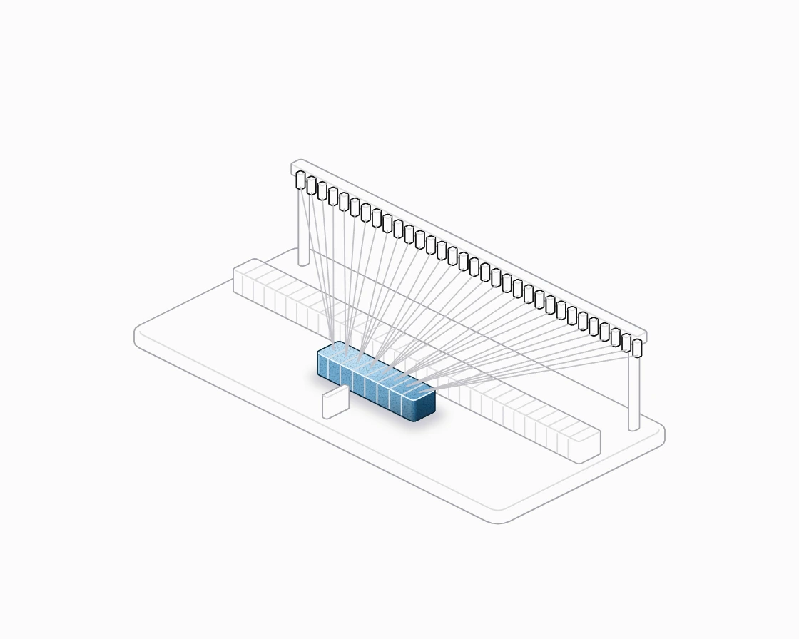 A rail of query heads wired down to one of three rows of KV heads; the rows shrink from long to a sliver.