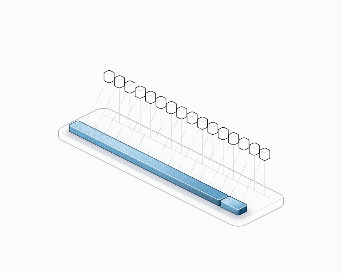 A long blue bar cut near one end, a row of small heads behind it, and a dashed line from every head to the bar.