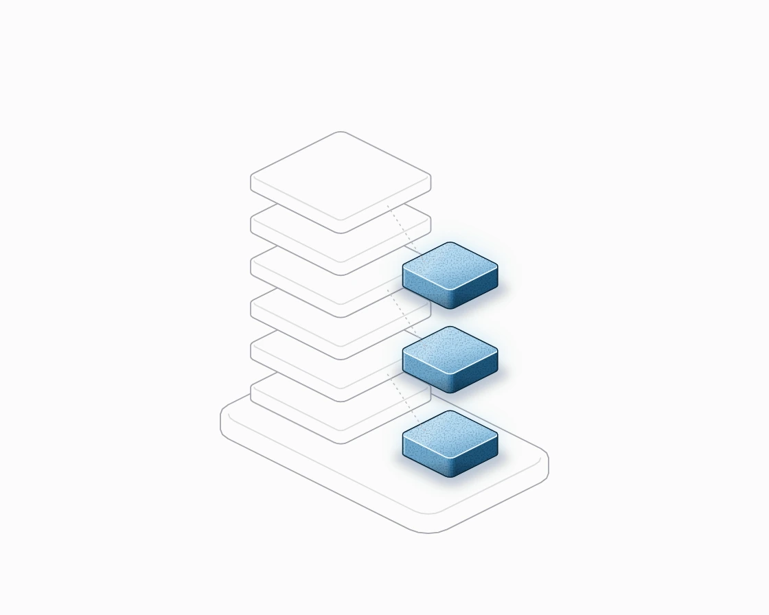 Six stacked layers with three blue cache blocks, each shared by a pair of layers through a dashed link.