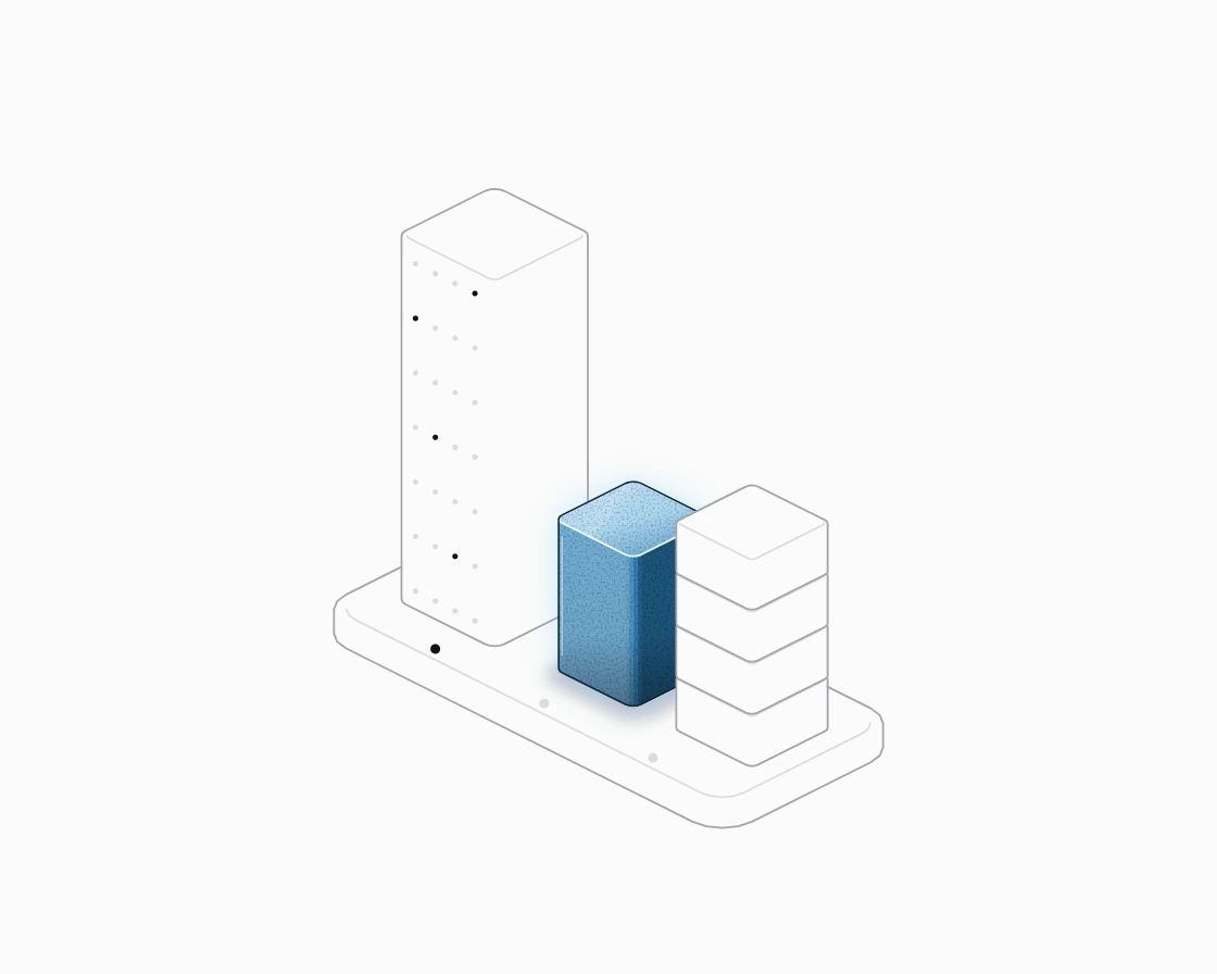A layer tower with a few bright dots, a blue box of fixed state, and a short stack of cache slabs beside it.