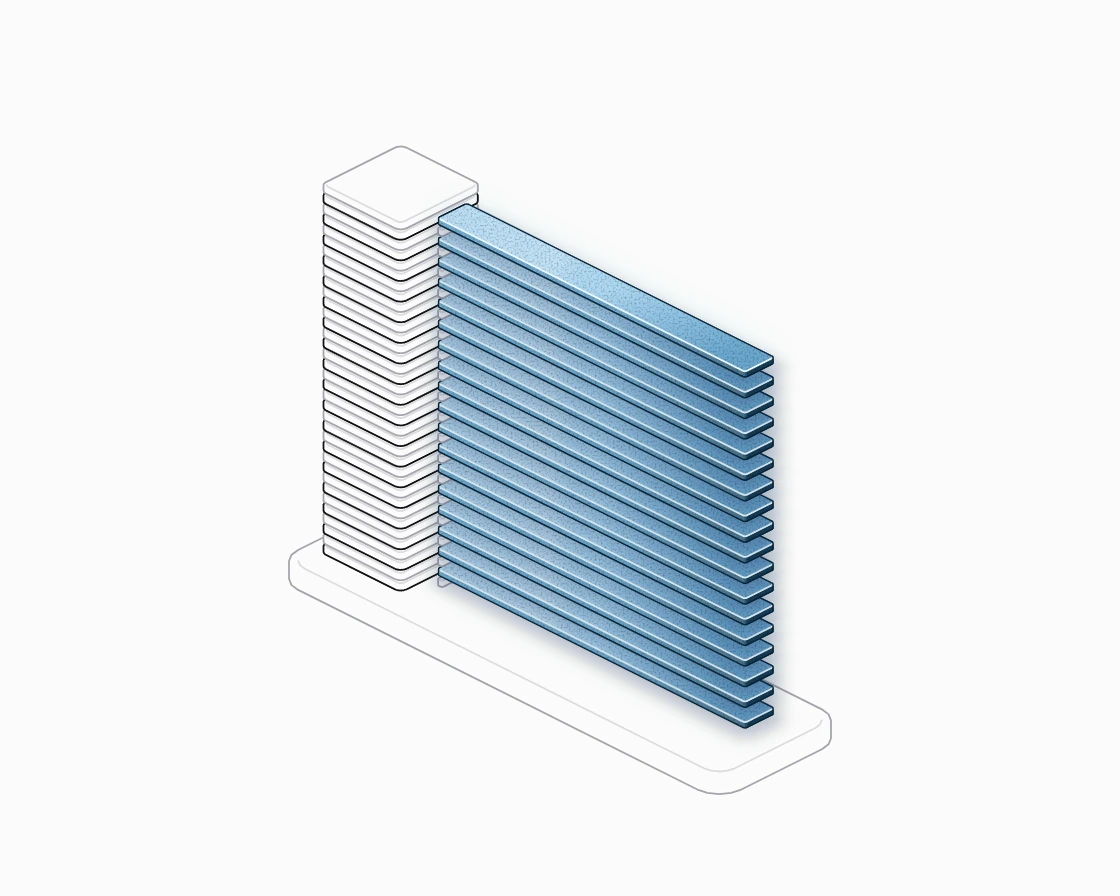 A stack of 36 thin layers with a blue bar beside every other one and a short stub beside the rest.