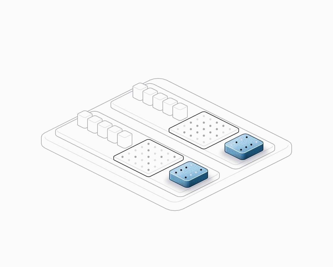 Two trays with the same row of text blocks and different dot images, each ending in a blue key tag with its own code.