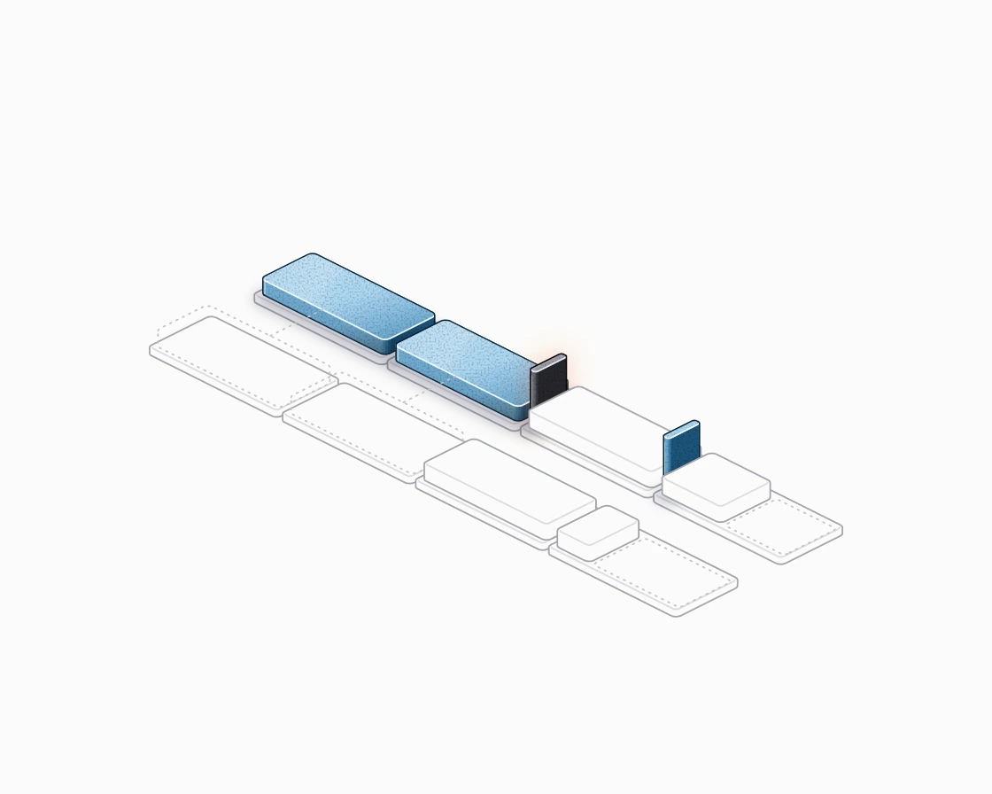 Two rows of large blocks; where the shared part ends, a dark cube marks a saved state that is missing.