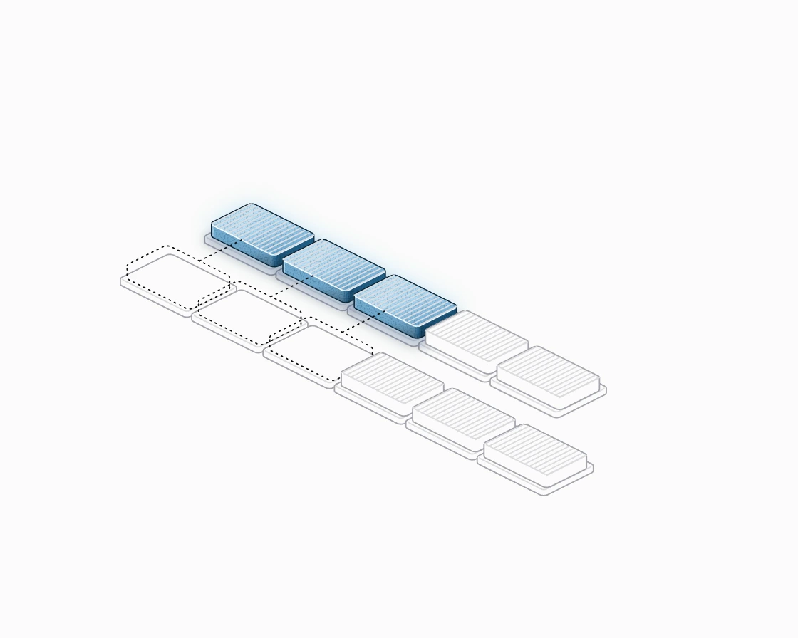 Two rows of blocks; the front row's first blocks are empty slots tied by dashed lines to the same blocks behind.