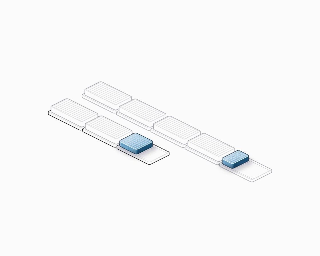 Two rows of equal blocks of different lengths; the last block in each row is only partly filled.