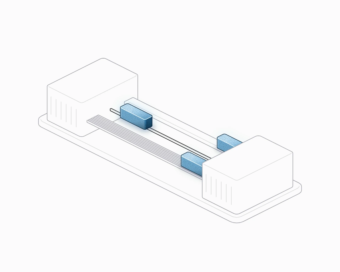 Two servers joined by three lanes of cable; blue blocks race across, and the single thin cable's block lags far behind.